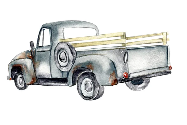 Vintage Watercolor Gray Truck Hand Drawn Illustration Old Retro Car — Stock Photo, Image