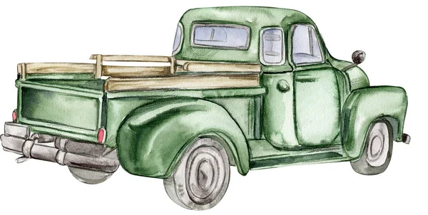 Vintage Watercolor Green Truck Hand Drawn Illustration Old Retro Car — Stock Photo, Image