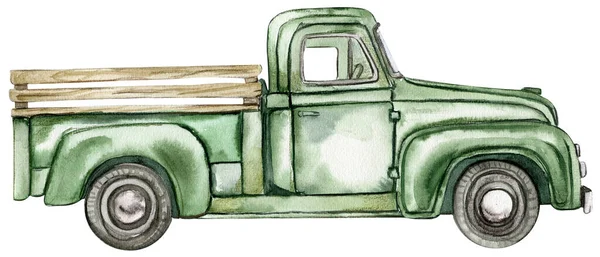 Vintage Watercolor Green Truck Hand Drawn Ilustration Old Retro Car — Stock Photo, Image