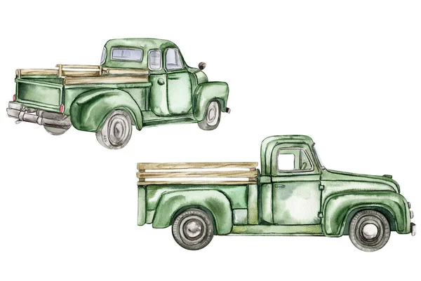 ヴィンテージ水彩グリーンのトラックセット 白を背景に古いレトロな車の手描きイラスト スクラップブッキング 子供のデザイン 結婚式の招待状 ポスター 挨拶カードに最適です — ストック写真