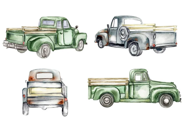 Vintage Ακουαρέλα Γκρι Και Πράσινα Φορτηγά Που Ζωγραφισμένα Στο Χέρι — Φωτογραφία Αρχείου