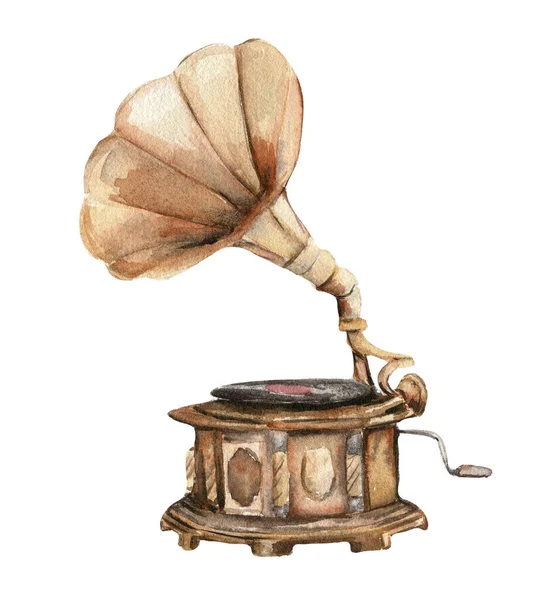 Régi Rozsdás Gramofon Akvarell Illusztrációja Egy Rozsdás Zománc Fonográf Kézzel — Stock Fotó