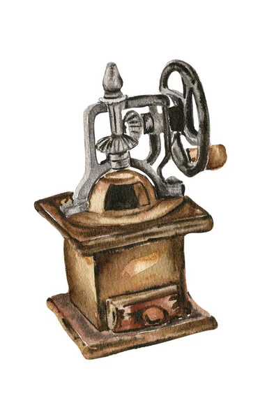 Akvarel Ilustrace Starého Rezavého Mlýnku Kávu Starý Rezavý Smaltovaný Mlýn — Stock fotografie