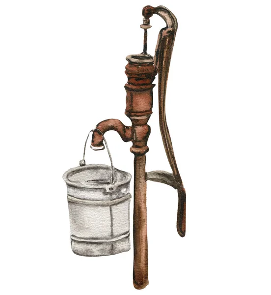 Old Hand Water Pump With A Bucket Stock Photo - Image of
