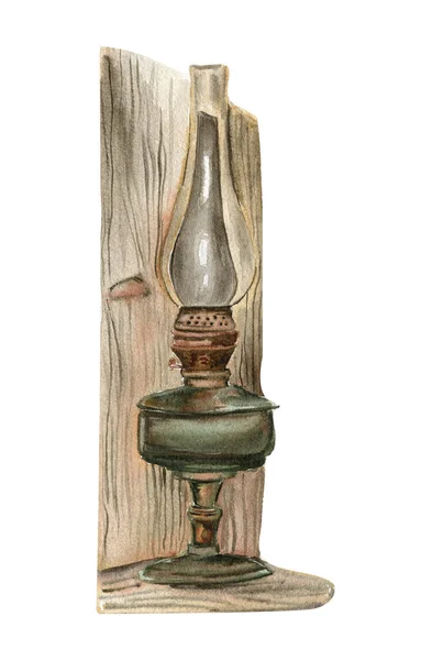 Akvarel Ilustrace Staré Rezavé Zelené Petrolejové Lampy Starý Rezavý Smaltovaný — Stock fotografie