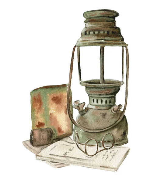 Watercolor Illustration Old Rusty Green Kerosene Lamp Old Rusty Enamel — Stock Photo, Image