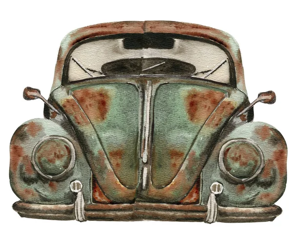 Υδατογραφία Απεικόνιση Του Παλαιού Σκουριασμένο Πράσινο Αυτοκίνητο Ένα Παλιό Σκουριασμένο — Φωτογραφία Αρχείου