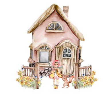 Çiçekli suluboya çiftlik kompozisyonu. Çizgi film tarzında bir ev. Yazın el çizimi. Albüm, çocuk tasarımı, düğün davetiyesi, posterler, tebrik kartları, parti dekorasyonu için mükemmel..