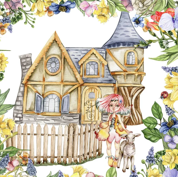 Composición Granja Acuarela Con Flores Casa Estilo Dibujos Animados Ilustración —  Fotos de Stock