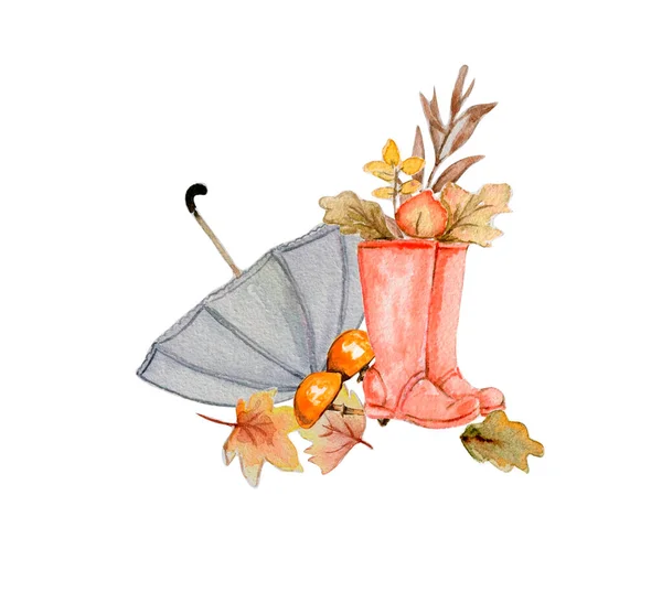 Watercolor Mão Desenhada Folhas Outono Composição Abóboras Ilustração Outono Perfeito — Fotografia de Stock