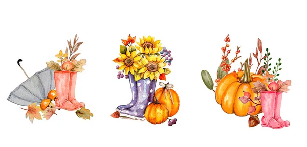 Watercolor Mão Desenhada Folhas Outono Composição Abóboras Ilustração Outono Perfeito — Fotografia de Stock