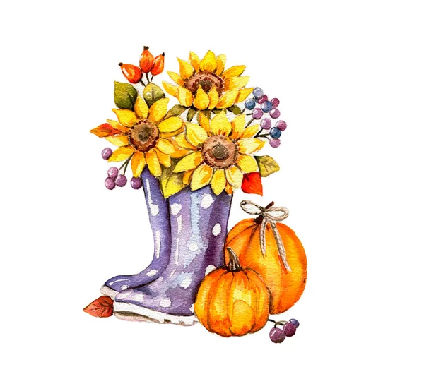 Watercolor Hand Drawn Autumn Leaves Pumpkins Composition Illustration Autumn Perfect — Stock Photo, Image