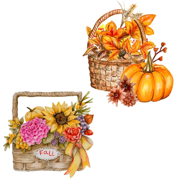 Watercolor Hand Drawn Autumn Leaves Pumpkins Composition Illustration Autumn Perfect — Stock Photo, Image