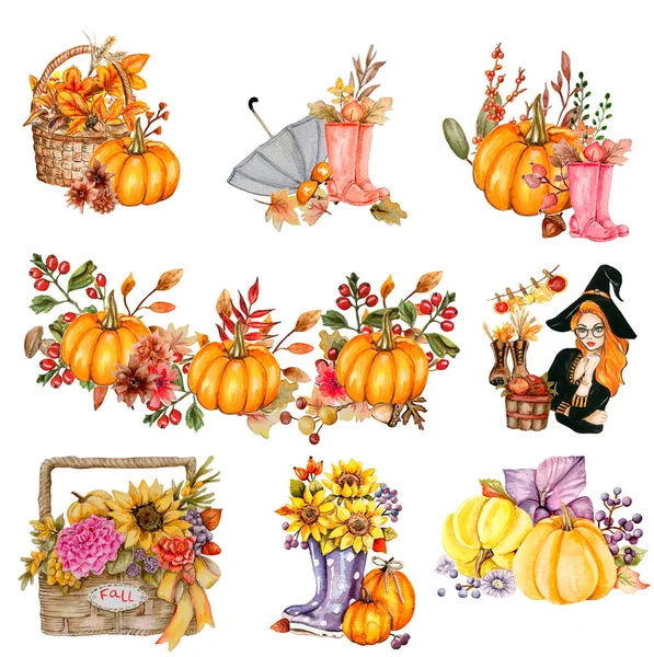Watercolor Hand Drawn Autumn Leaves Pumpkins Hand Drawn Illustration Autumn — Stock Photo, Image