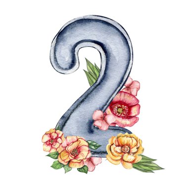 Suluboya el numaralar ve çiçek kompozisyonu çizdi. Rakamların yansıması. Koleksiyon defteri, çocuk tasarımı, düğün davetiyesi, posterler, tebrik kartları, parti dekorasyonu için mükemmel..