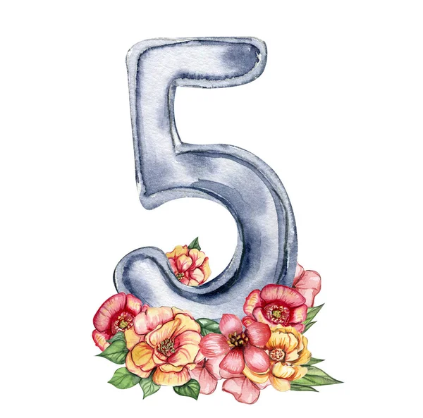 Suluboya el numaralar ve çiçek kompozisyonu çizdi. Rakamların yansıması. Koleksiyon defteri, çocuk tasarımı, düğün davetiyesi, posterler, tebrik kartları, parti dekorasyonu için mükemmel..