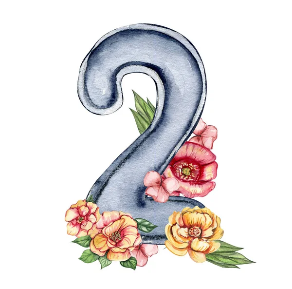 Suluboya el numaralar ve çiçek kompozisyonu çizdi. Rakamların yansıması. Koleksiyon defteri, çocuk tasarımı, düğün davetiyesi, posterler, tebrik kartları, parti dekorasyonu için mükemmel..