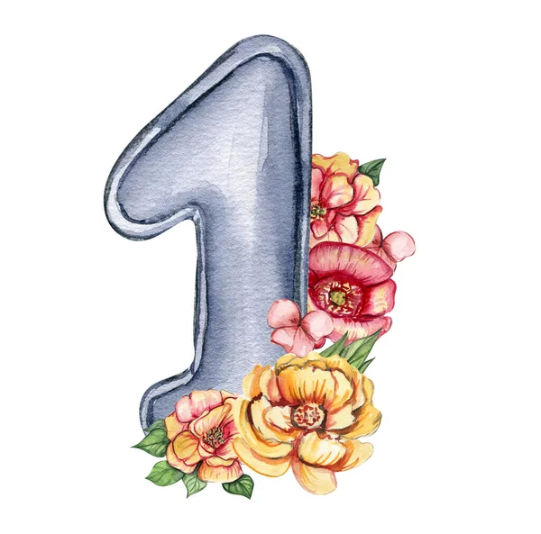 Suluboya el numaralar ve çiçek kompozisyonu çizdi. Rakamların yansıması. Koleksiyon defteri, çocuk tasarımı, düğün davetiyesi, posterler, tebrik kartları, parti dekorasyonu için mükemmel..
