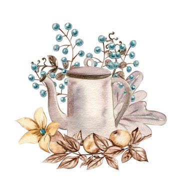 Suluboya el sonbahar yapraklarını ve elementleri çizdi. Sonbaharın el çizimi. Koleksiyon defteri, çocuk tasarımı, düğün davetiyesi, posterler, tebrik kartları, parti dekorasyonu için mükemmel..