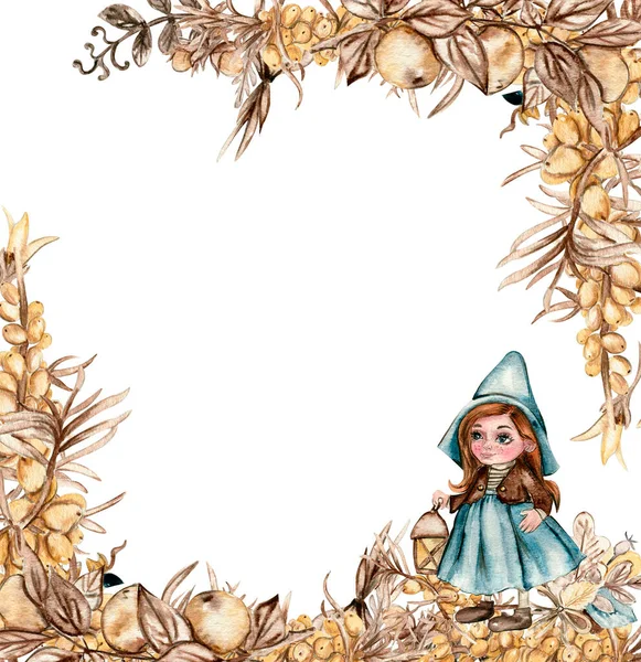 Aqucolor Hand Drawn Autumn Square Frame Sea Buckthorn Иллюстрация Осени — стоковое фото