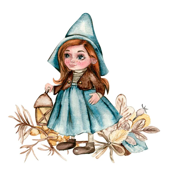 Akvarell Handritad Höst Flicka Gnome Och Havtorn Handritad Illustration Hösten — Stockfoto