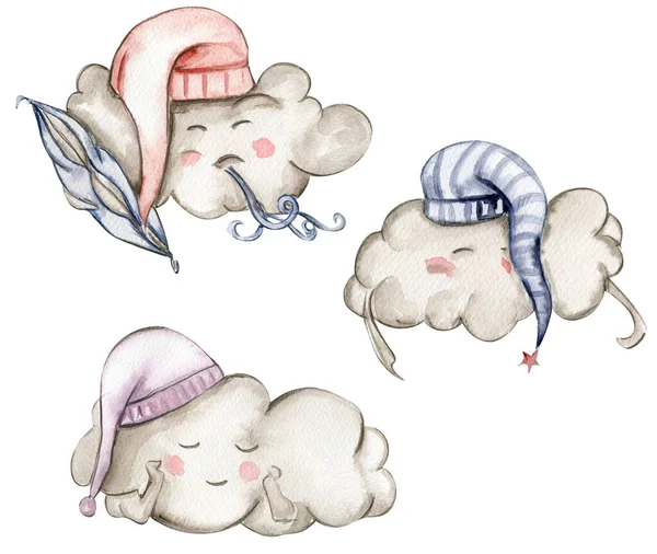 Mão Aquarela Desenhado Bonito Branco Nuvens Dormir Estilo Cartoon Ilustração — Fotografia de Stock