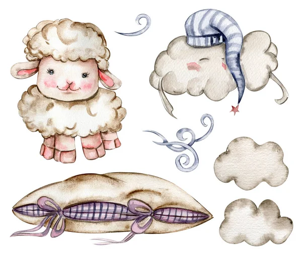 Mão Aquarela Desenhado Bonito Ovelhas Fofas Brancas Nuvens Travesseiros Macios — Fotografia de Stock
