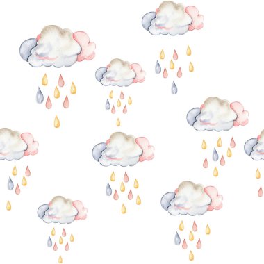 Suluboya elle boyanmış palyaçolar ve pürüzsüz desenler. Resimler beyaz arkaplanda izole edildi. Kumaş tasarımı, doğum günü partisi, pasta, tatil tasarımı, tebrik kartı, davetiye.