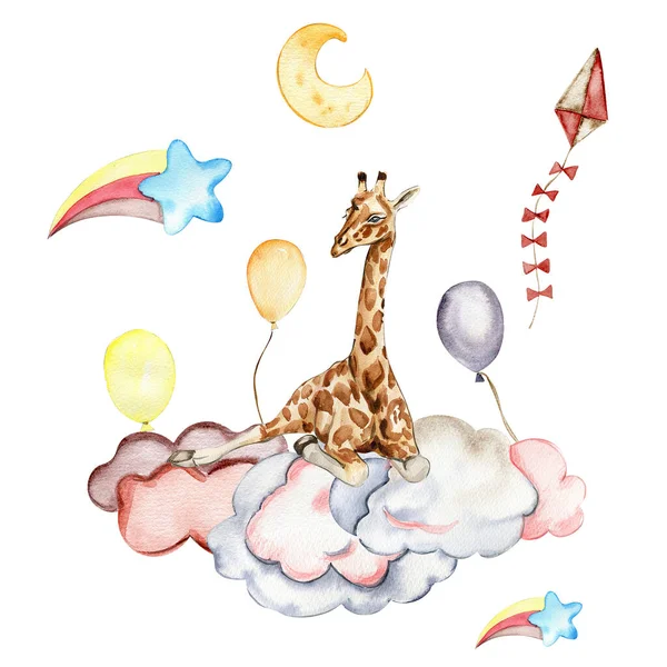 Aquarell Von Hand Bemalt Niedlichen Regenbogen Und Giraffe Illustration Isoliert — Stockfoto