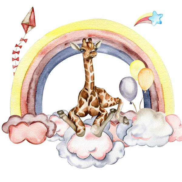 Aquarell Von Hand Bemalt Niedlichen Regenbogen Und Giraffe Illustration Isoliert — Stockfoto