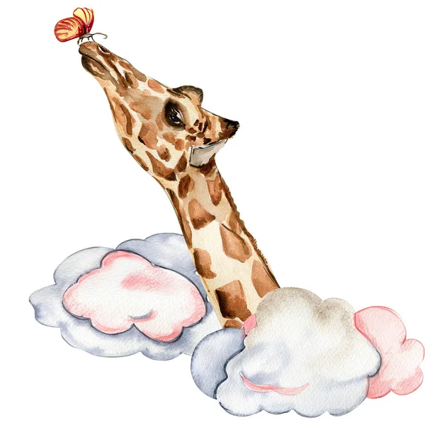 Aquarell Handgemalte Niedliche Wolken Und Giraffen Illustration Isoliert Auf Weißem — Stockfoto
