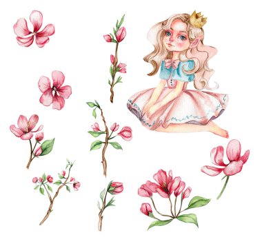 Çiçek perisi, pembe çiçekli resimli küçük prenses. Şirin karakter, çiçek prensesi. Beyaz bir arka planda. Tebrik kartı, poster, çıkartma, ambalaj için suluboya çizimi.