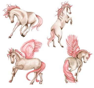 Güzel, sevimli, pembe kanatları ve pembe çiçekleri olan beyaz tek boynuzlu at. Çocuk odası, bebek partisi, doğum günü partisi için davetiye. Tebrik kartı, poster, çıkartma, ambalaj için suluboya çizimi.