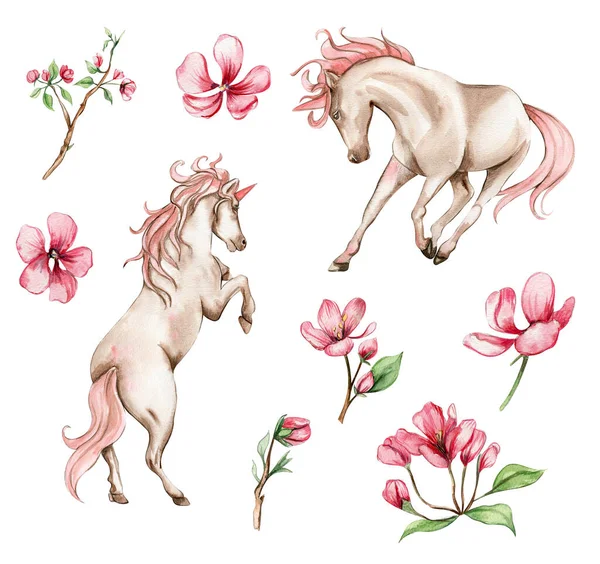 Hermoso Lindo Unicornio Blanco Con Alas Color Rosa Flores Rosadas —  Fotos de Stock