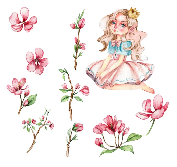Flower fairy, little princess dressed in pink flower illustration. Cute character, flower princess. on a white background. Watercolor illustration for greeting card, posters, stickers, packaging.