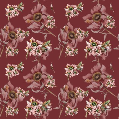 Sonbahar hasat çiçeği pürüzsüz desen. Suluboya çiçekler, yapraklar ve böğürtlenler. Şükran Günü baskısı. Arka planda güzel sonbahar çiçekleri var. Tekstil, kumaş, dekor için uygulanabilir.