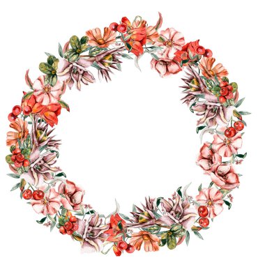 Çiçekler sonbahar çelengi, kart ve arka plan için. Albüm albümü için suluboya çizimi beyaz arkaplanda izole edildi. Tasarım için çiçekli karikatür el çizimi. Düğün davetiyesi için mükemmel..