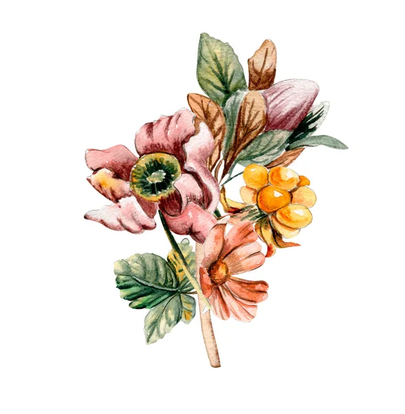 秋の花の花束 カードのための水彩イラスト スクラップブッキングのための水彩イラスト 子供のデザインのための花を背景に描いた漫画の手 — ストック写真