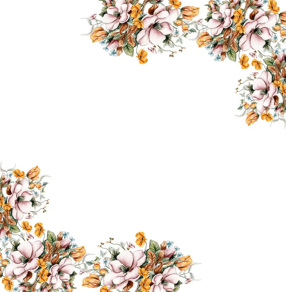 花の秋の正方形のフレーム カードの国境 白の背景に隔離されたスクラップブッキングのための水彩イラスト デザインのための花で手描きの背景 結婚式の招待に最適 — ストック写真