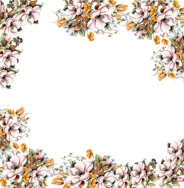 Λουλούδια Φθινοπωρινό Τετράγωνο Πλαίσιο Σύνορα Για Κάρτα Υδατογραφία Εικονογράφηση Για — Φωτογραφία Αρχείου