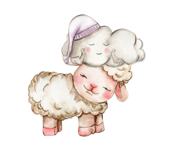 水彩画可爱的白色绒毛羊和可爱的云在它的头上 农场小动物图解 完美的婚宴请柬 面料图案 — 图库照片