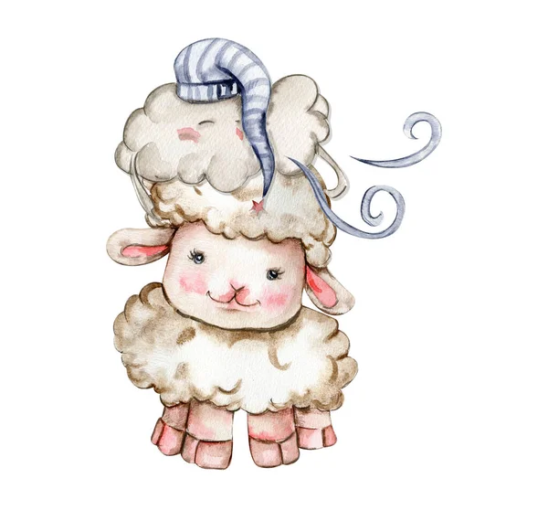水彩画可爱的白色绒毛羊和可爱的云在它的头上 农场小动物图解 完美的婚宴请柬 面料图案 — 图库照片