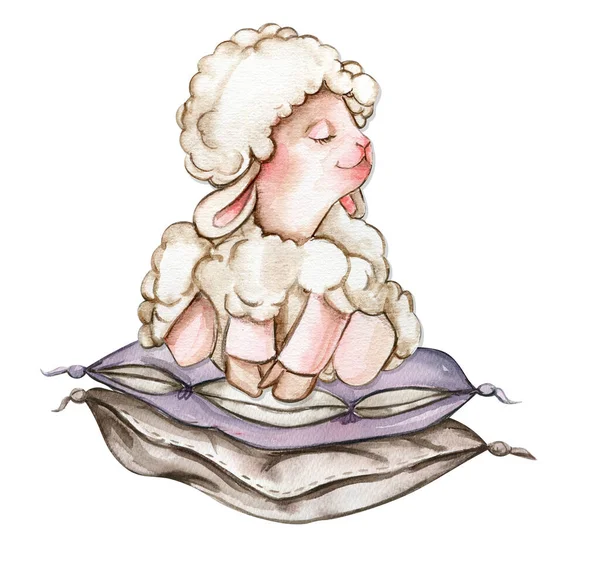 水彩画手把可爱的白色绒毛羊放在柔软的枕头上 农场婴儿动物图解 完美的婚宴请柬 问候卡 面料图案 — 图库照片