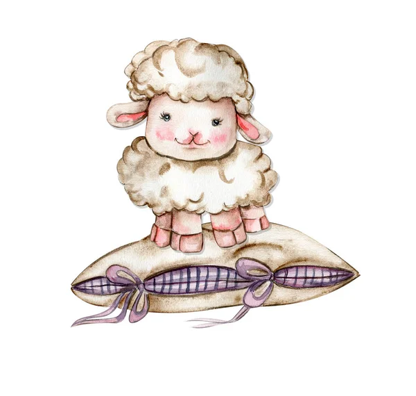 水彩画手把可爱的白色绒毛羊放在柔软的枕头上 白色背景的农场小动物图解 完美的婚宴请柬 面料图案 — 图库照片