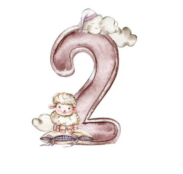 Watercolor Hand Drawn Numbers Fluffu Sheep Composition Illustration Numbers Perfect — Stock Photo, Image