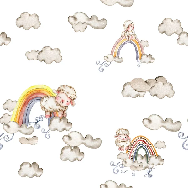 Seamless pattern of rainbow and fluffy sheep. Watercolor hand painted design for baby shower party, birthday, cake, holiday design, greetings card, invitation, fabric, textile.