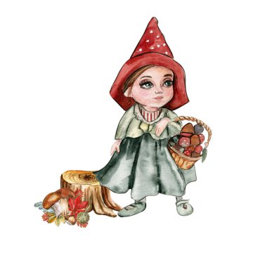 Sonbahar kızı bir cücenin kompozisyonu. Sonbaharın el çizimi. Koleksiyon defteri, çocuk tasarımı, düğün davetiyesi, posterler, tebrik kartları, parti dekorasyonu için mükemmel..