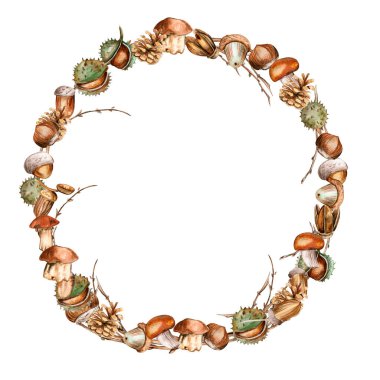 Sonbahar çelengi, kartlar, arka planlar için. Albüm koleksiyonu için suluboya çizimi. Çocuk tasarımı için çiçek desenli karikatür el çizimi. Düğün davetiyesi için mükemmel..