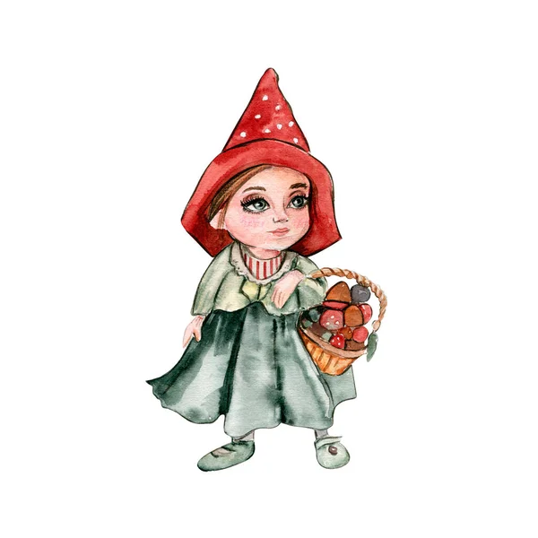 Akvarell Handritad Höst Flicka Gnome Handritad Illustration Hösten Perfekt För — Stockfoto