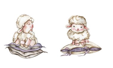 Suluboya el yumuşak yastığa oturan sevimli beyaz tüylü koyunları çizdi. Çiftlikteki yavru hayvan tasviri. Düğün davetiyesi, tebrik kartı, poster, kumaş deseni için mükemmel..